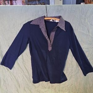 Navy Blue Women's Top with Patterned Collar